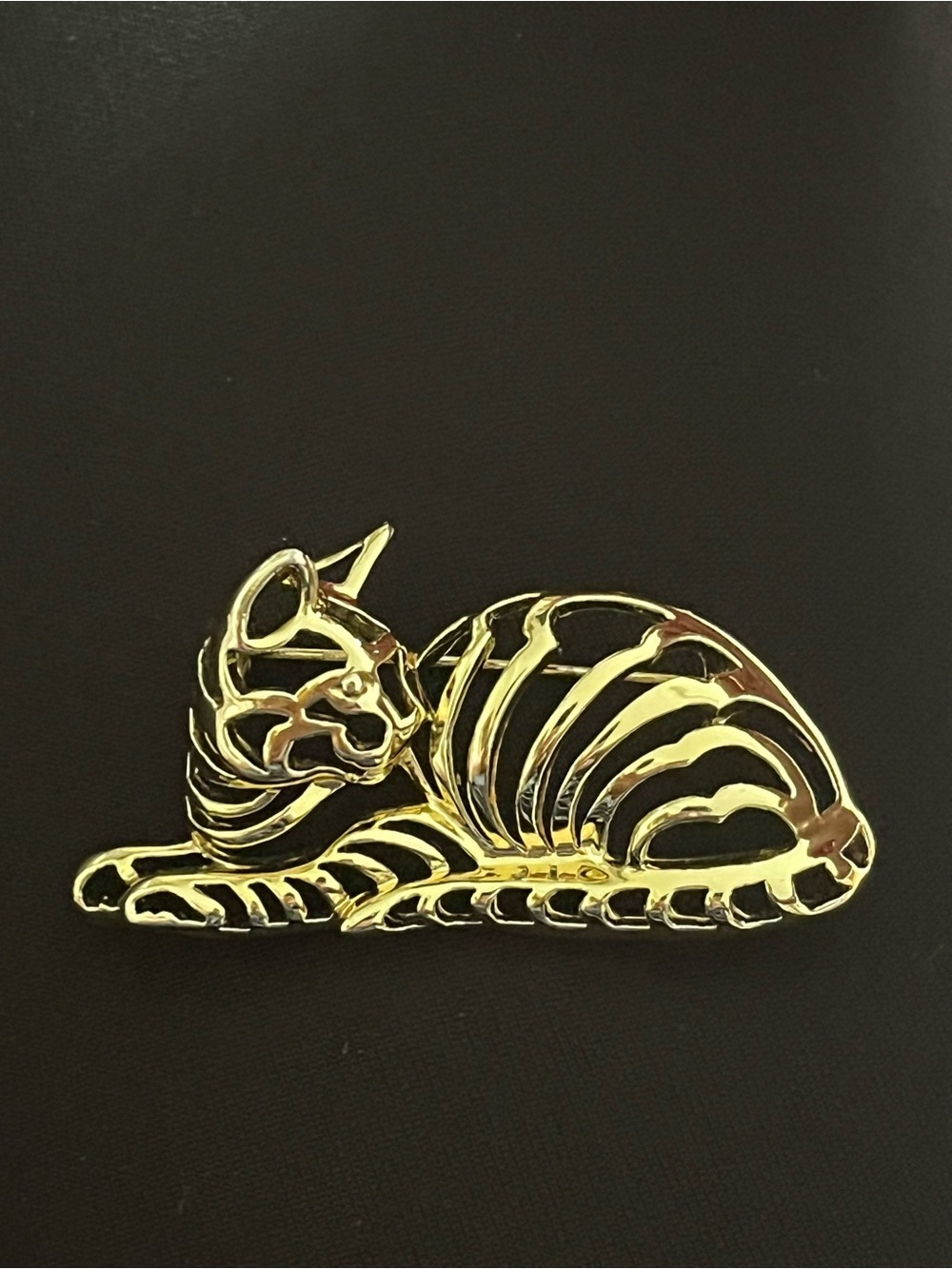 Vintage AJC Gold Tone Openwork Tabby Cat Brooch Pin